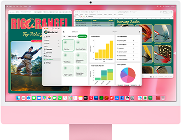 iMac, önden dış görünüm, pembe renk, ekranda birden fazla uygulama açık