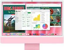 iMac, önden dış görünüm, pembe renk, ekranda birden fazla uygulama açık