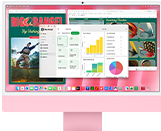 iMac, önden dış görünüm, pembe renk, ekranda birden fazla uygulama açık