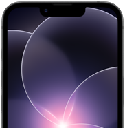 Dikey pozisyondaki siyah iPhone 17e’nin kısmi görünümü, duvar kağıdında mor bir çiçek bulunan Liquid Glass tasarımlı, dayanıklı ekran vurgulanıyor