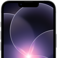 Dikey pozisyondaki siyah iPhone 17e’nin kısmi görünümü, duvar kağıdında mor bir çiçek bulunan Liquid Glass tasarımlı, dayanıklı ekran vurgulanıyor